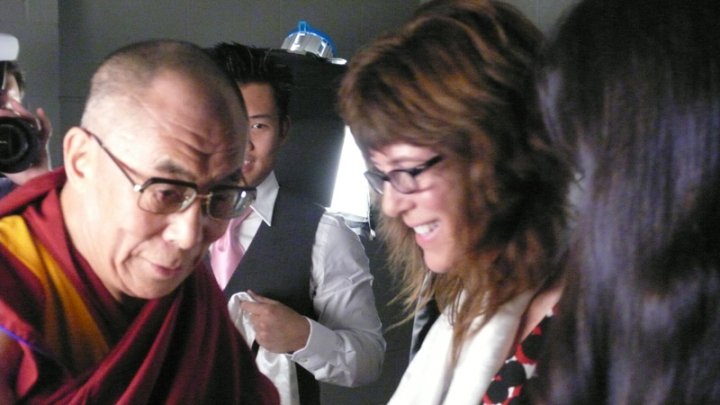 Mary Wald and the Dalai Lama at a video taping for The Community's campaign for the Universal Declaration of Human Rights